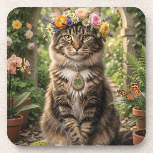 Maine Coon Cat Wearing Flower Crown in a Garden Coaster