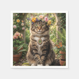 Maine Coon Cat Wearing Flower Crown in a Garden Napkin