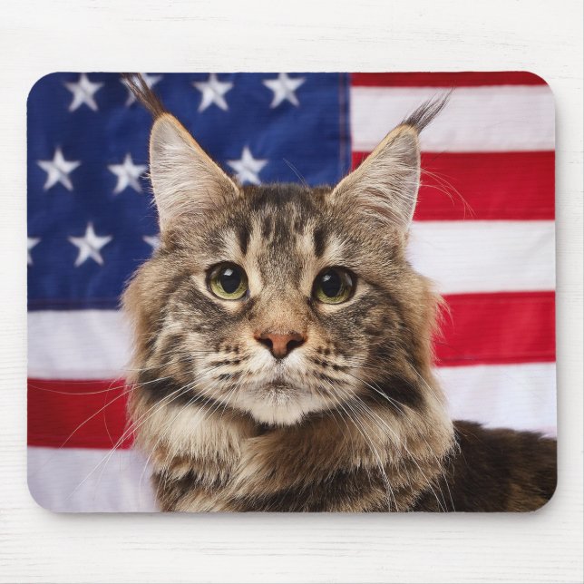 Maine Coon Cat With American Flag Mouse Pad (Front)