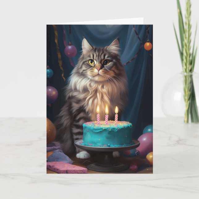 Maine Coon Cat with Birthday Cake Card (Front)