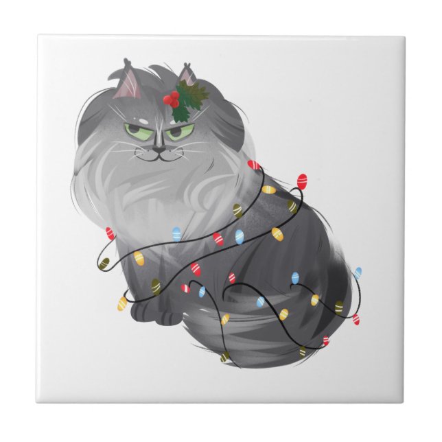Maine Coon Cat with Christmas Decorations Ceramic Tile (Front)