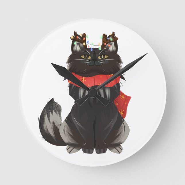 Maine Coon Cat with Christmas Decorations Round Clock (Front)