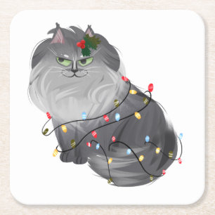 Maine Coon Cat with Christmas Decorations Square Paper Coaster