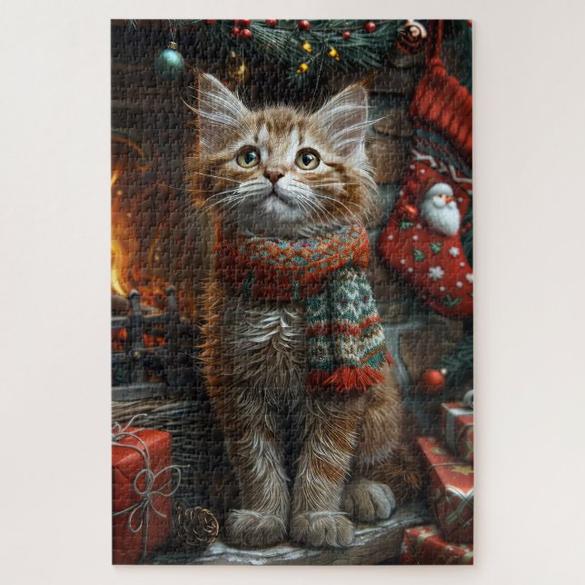 Maine Coon Cat With Christmas Gifts Fireplace Jigsaw Puzzle (Vertical)
