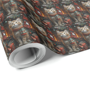 Maine Coon Cat With Christmas Gifts Fireplace Wrapping Paper