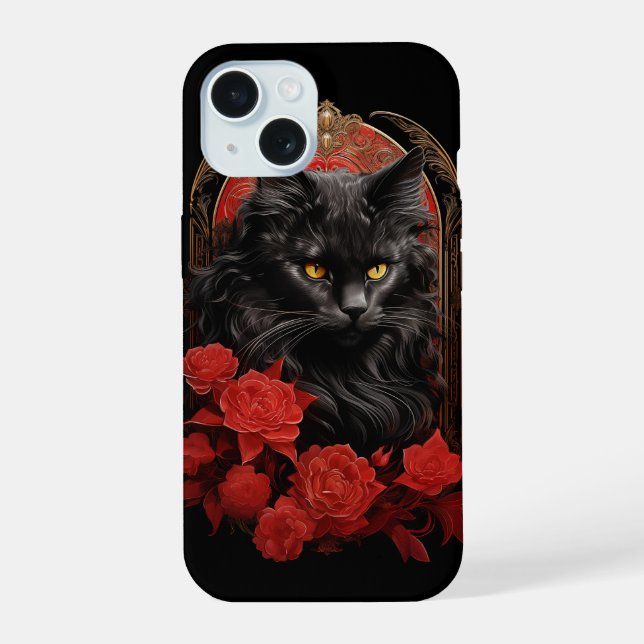 Maine Coon cat with flowers iPhone 15 Case (Back)