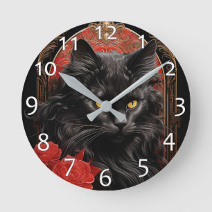 Maine Coon cat with flowers Round Clock