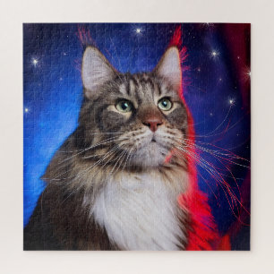 Maine Coon Cat With Red White Blue Aura And Stars Jigsaw Puzzle
