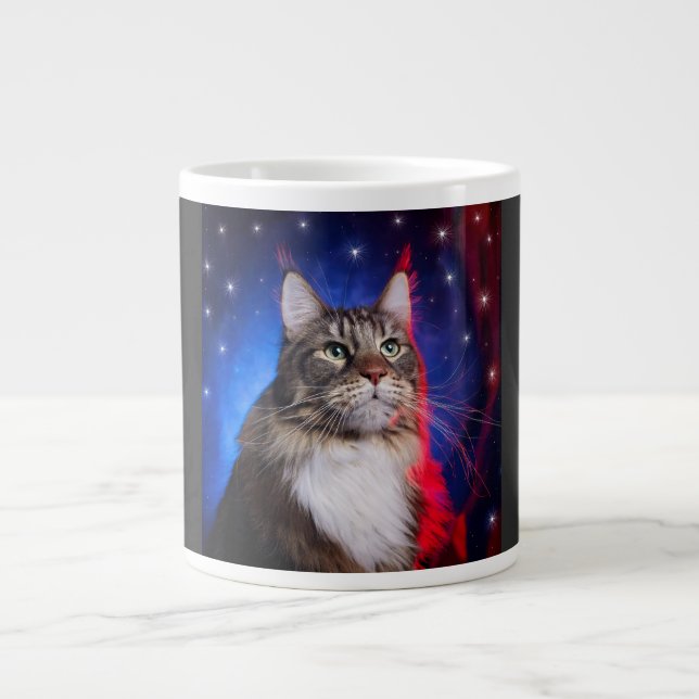 Maine Coon Cat With Red White Blue Aura And Stars Large Coffee Mug (Front)