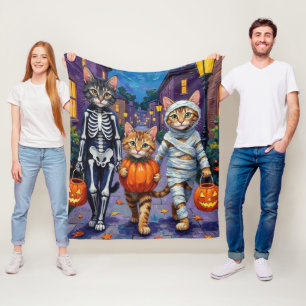 Maine Coon Cats Trick-or-Treating in Halloween  Fleece Blanket