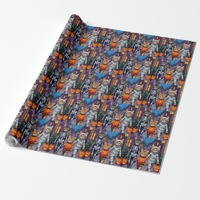Maine Coon Cats Trick-or-Treating in Halloween  Wrapping Paper (Unrolled)