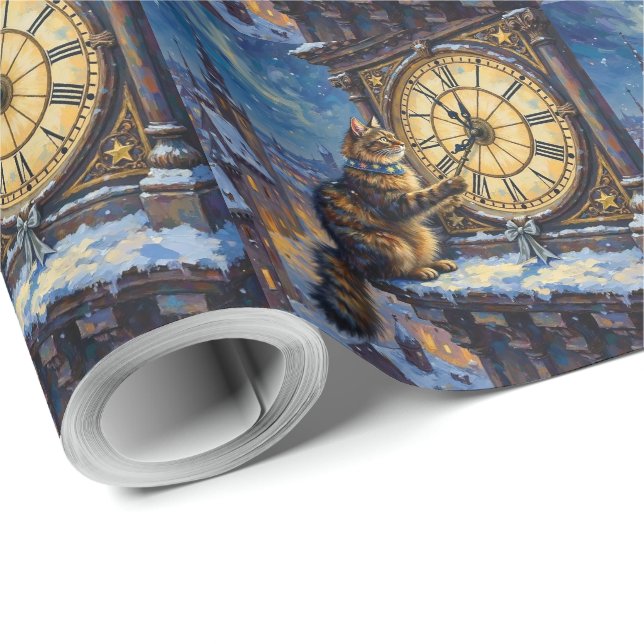 Maine Coon Christmas Clock Tower Midnight Wrapping Paper (Roll Corner)