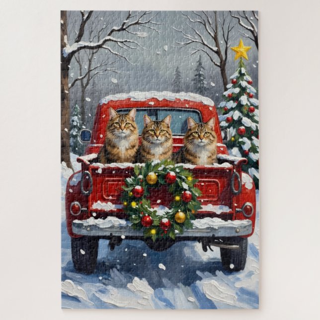 Maine Coon Christmas Red Truck Holiday Jigsaw Puzzle (Vertical)