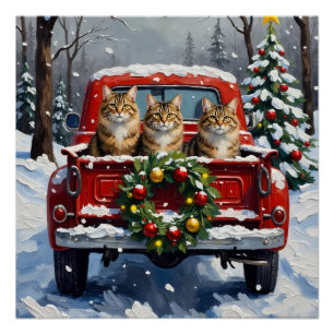 Maine Coon Christmas Red Truck Holiday Poster