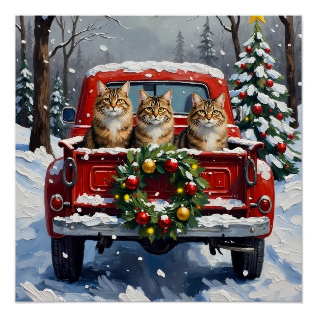Maine Coon Christmas Red Truck Holiday Poster (Front)