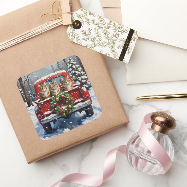 Maine Coon Christmas Red Truck Holiday Square Sticker (Gifting)