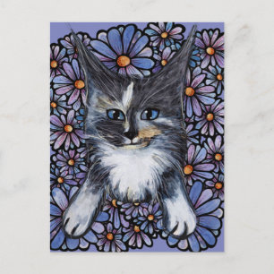 Maine Coon Dilute Calico Cat Purple Daisy          Postcard