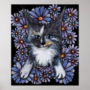 Maine Coon Dilute Calico Cat Purple Daisy          Poster