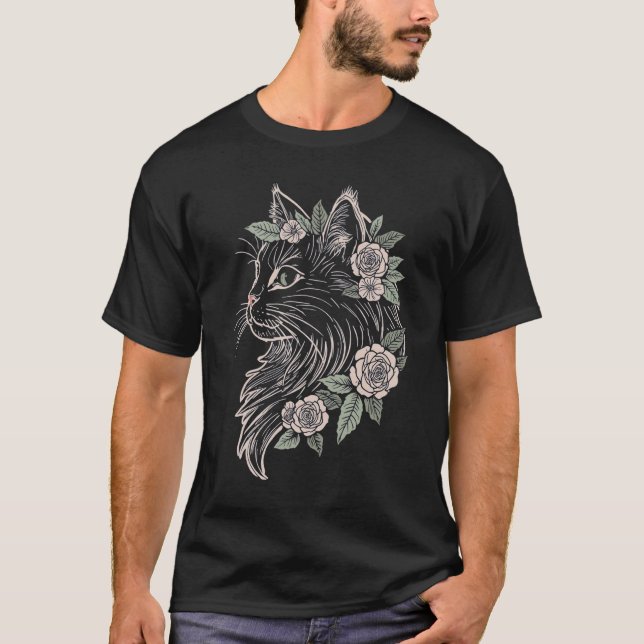 Maine Coon Floral Cat T-Shirt (Front)