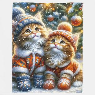 “Maine Coon Kittens’ First Christmas Snowfall" Fleece Blanket