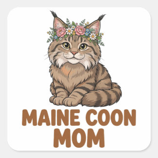 Maine Coon Mum — Fluffy Maine Coon with Flower Cro Square Sticker