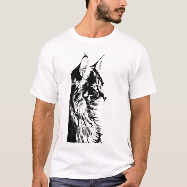 Maine Coon T-Shirt: White Tee Black & White Cat (Front)
