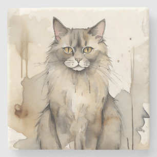 Maine Coon Watercolor Illustration Stone Coaster