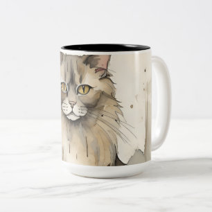 Maine Coon Watercolor Illustration Two-Tone Coffee Mug