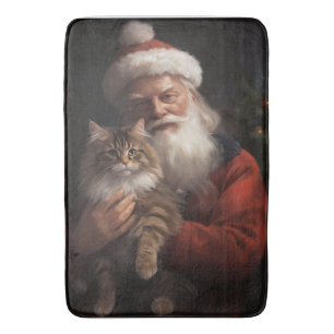 Maine Coon With Santa Claus Festive Christmas  Bath Mat