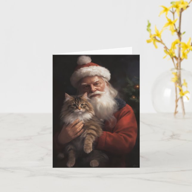 Maine Coon With Santa Claus Festive Christmas  Card (Yellow Flower)