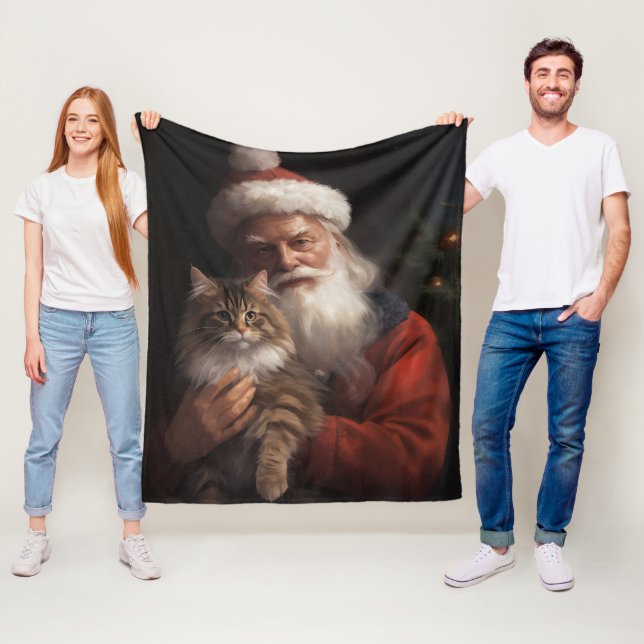 Maine Coon With Santa Claus Festive Christmas  Fleece Blanket (In Situ)