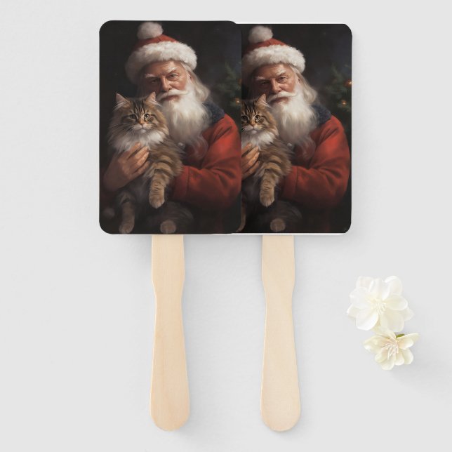 Maine Coon With Santa Claus Festive Christmas  Hand Fan (Front and Back)