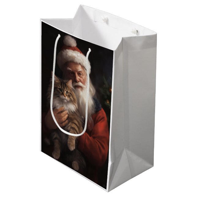 Maine Coon With Santa Claus Festive Christmas  Medium Gift Bag (Front Angled)