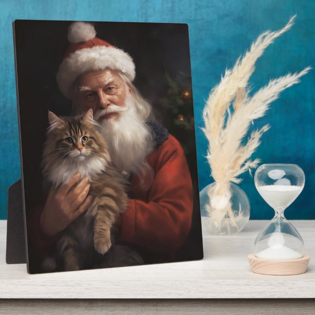 Maine Coon With Santa Claus Festive Christmas  Plaque (Side)