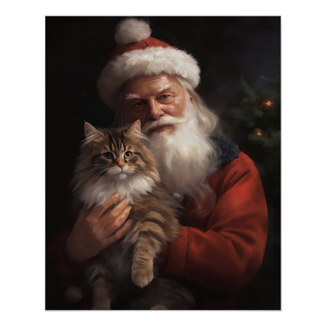 Maine Coon With Santa Claus Festive Christmas  Poster (Front)