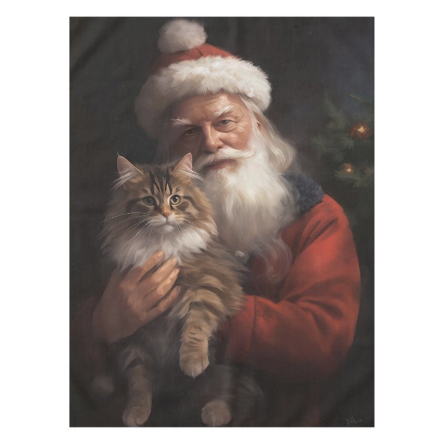 Maine Coon With Santa Claus Festive Christmas  Tablecloth (Front)