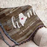 Maine Home State Personalised Rustic Wood Look Throw Blanket<br><div class="desc">Show some home state pride with this cute rustic faux wood plank throw blanket featuring "home" in white calligraphy script lettering with a silhouette map of the state of Maine standing in for the letter "O." A pink heart illustration inside the state map completes the design; you can change the...</div>