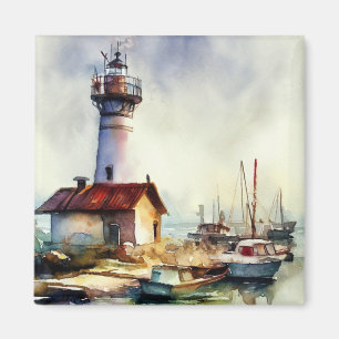 Maine Lighthouse and boats Watercolor Art Magnet