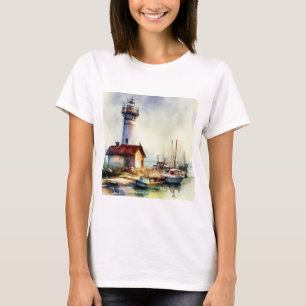 Maine Lighthouse and boats Watercolor Art T-Shirt
