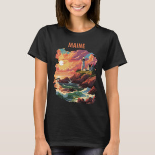 Maine Lighthouse Coastal Retro Travel T-Shirt