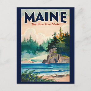 Maine Lighthouse Painterly Illustration Travel Art Postcard