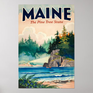 Maine Lighthouse Painterly Illustration Travel Art Poster