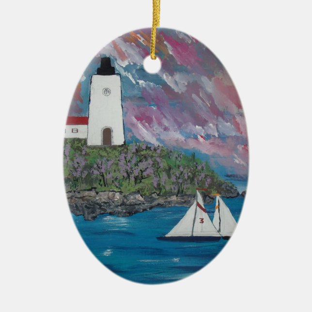 Maine Lighthouse Painting Ceramic Tree Decoration (Front)
