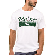Maine, lighthouse, pine trees, moose, handlettered