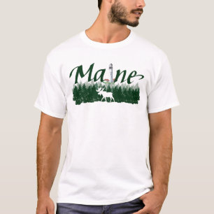 Maine, lighthouse, pine trees, moose, handlettered T-Shirt