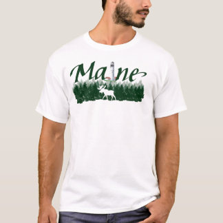 Maine, lighthouse, pine trees, silhouette moose T-Shirt