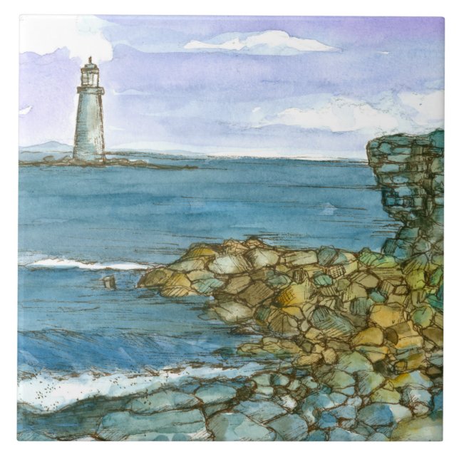 Maine Lighthouse Rocky Coastline Ocean Ceramic Tile (Front)