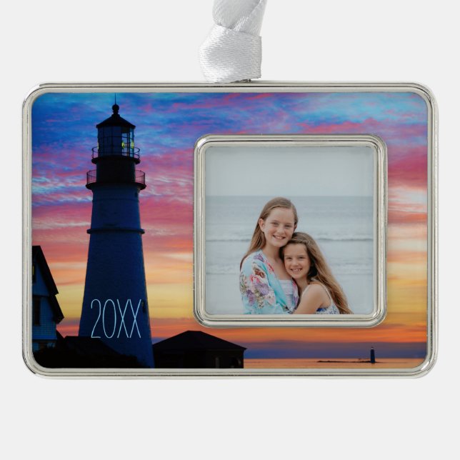 Maine Lighthouse Silver Plated Framed Ornament (Front)