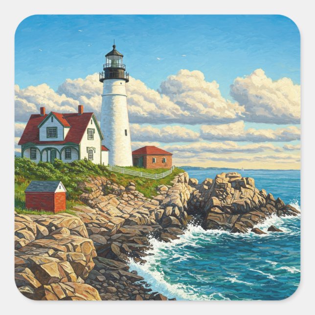 Maine Lighthouse Travel Square Sticker (Front)