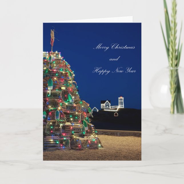 Maine Lobsta Trap Nubble Light Christmas Card Tall (Front)